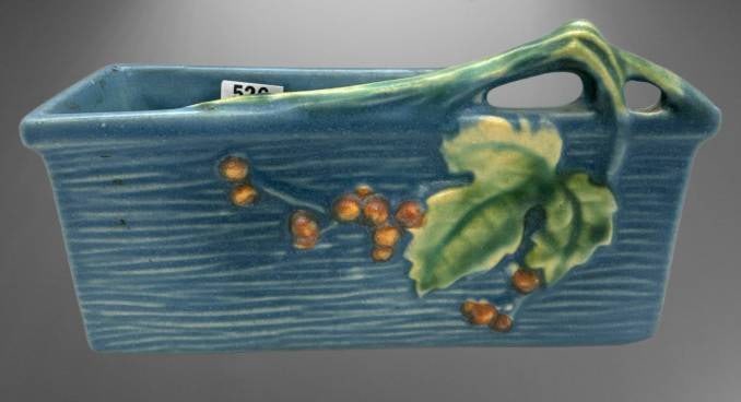 Roseville Bushberry 382-6" Window Box, blue: Roseville Pottery Bushberry pattern window box with a blue glaze, featuring raised leaves and berries. Marked "?Roseville USA 382-6" on the base. Small chip on the bottom edge of the base as shown. ?