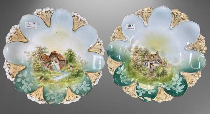 RS Prussia 9"d Plates with Scenic Designs: Mill & Cottage: Two 9-inch RS Prussia porcelain plates featuring hand-painted mill and cottage scenes with scalloped edges and gilded floral accents. ? RS Prussia red marks. No chips, cracks, or repairs. Excellent co