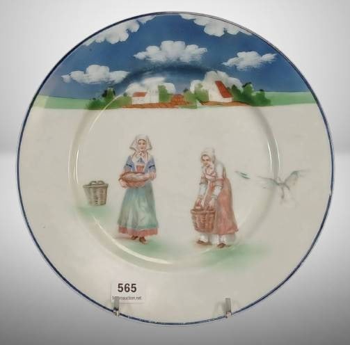 Royal Bayreuth Plate with Dutch Scene: Royal Bayreuth porcelain 7"d plate featuring a hand-painted Dutch rural scene with figures and windmills. Marked on the reverse with the Royal Bayreuth blue mark and the number 26. Plate is circular a