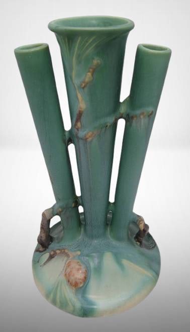 Roseville Pine Cone 113-8" Triple Bud Vase, green: Roseville Pottery Pine Cone triple bud vase with a green glaze and embossed pine cone and branch design. Marked on the bottom with Roseville Pottery hallmark. No chips, cracks, or repairs. A beautiful
