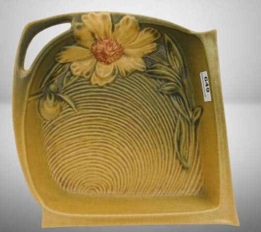 Roseville Peony 434-6" Yellow Tray: Roseville pottery 434-6" tray in the Peony pattern featuring a yellow base color with raised floral decoration. Marked "Roseville U.S.A." on the bottom. Excellent condition with minimal wear.