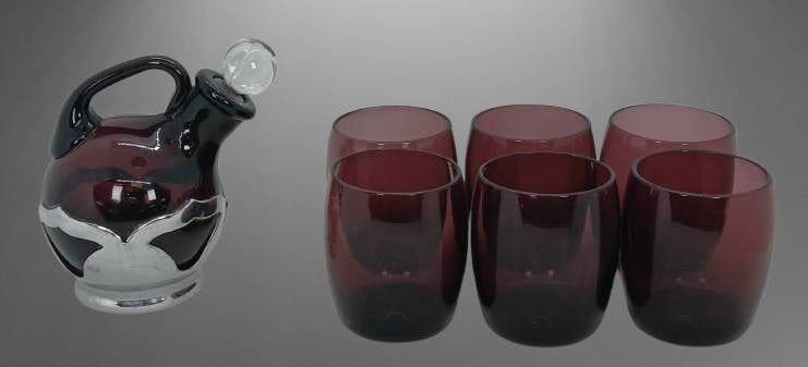Farber Bros. Art Deco Amethyst Glass Pitcher & Glasses: Farber Bros. Art Deco-style beverage set, featuring an amethyst glass 3.5"h tile pitcher with chrome accents, including a clear glass stopper, and six 2"h matching tumblers. Pitcher base marked with F
