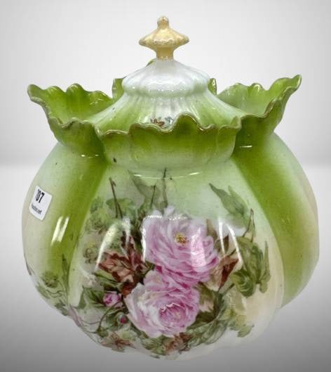 Royal Vienna Germany Lidded Biscuit Jar: Royal Vienna Germany lidded porcelain biscuit jar with scalloped edges. ? Features green and white coloration with hand-painted pink roses. Gilded lid handle with an intricate design. Maker"s mark on 