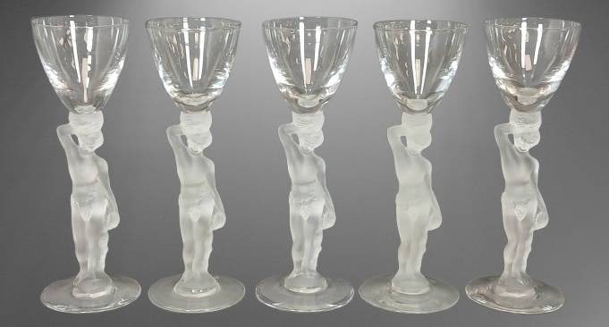 Bayel France Bacchus Nude Cordial Stemmed Goblets: Five Bayel France Bacchus nude stemmed cordial 6" goblets, featuring frosted glass Bacchus figures as stems with clear bowls. Crafted in France, each goblet showcases detailed artistry and an elegant
