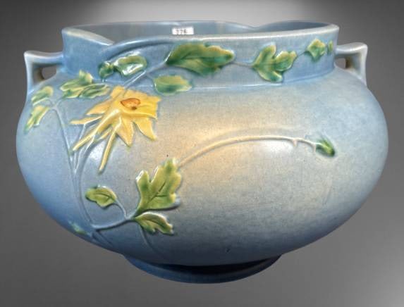 Roseville Columbine 655-8" Jardiniere, Blue: Roseville Pottery Columbine jardiniere, #655-8". Features a soft blue glaze with yellow columbine flowers and green leaves in relief. Two handles adorn the sides. Base marked with Roseville script log