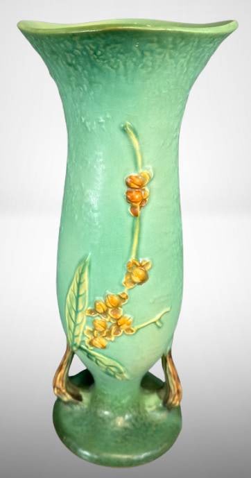 Roseville Bittersweet 886-12" Vase in Green: Roseville Pottery Bittersweet green vase. Features embossed orange bittersweet berries and leaf motifs on textured body. Base marked 'Roseville' with pattern number. Appears to be in good condition wi