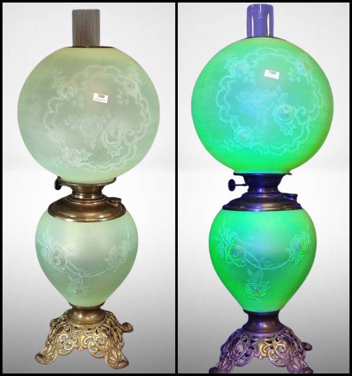 Pittsburg Success Gone with the Wind Parlor Lamp: Pittsburg 'Success' Gone with the Wind parlor lamp with frosted green glass shade and base featuring roses designs. Includes brass components and ornate metal base. Shade base rim has small chips as n