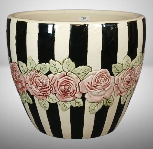 Weller Rosemont 8-Inch Jardiniere: Weller Rosemont 8" jardiniere featuring a striped black and white pattern with a floral rose design. Couple small chips on the bottom edge. Refer to provided image for condition details.