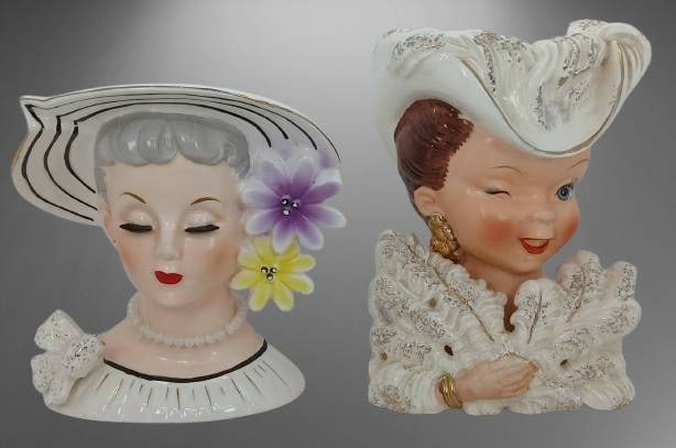 (2) Lady Head Vases: Two ceramic head vases. Includes a RELPO vase marked "K860" made in Japan with floral hat design, and a figure with winking expression and feather fan mrkd. E322, noted to have a chip on the fan. Sign