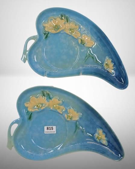 Roseville Wincraft 230-7" Trays in Turquoise: Roseville Wincraft 230-7" trays in turquoise/blue with floral design. One tray has a small nick in the glaze on the top rim. Measurements provided for scale.