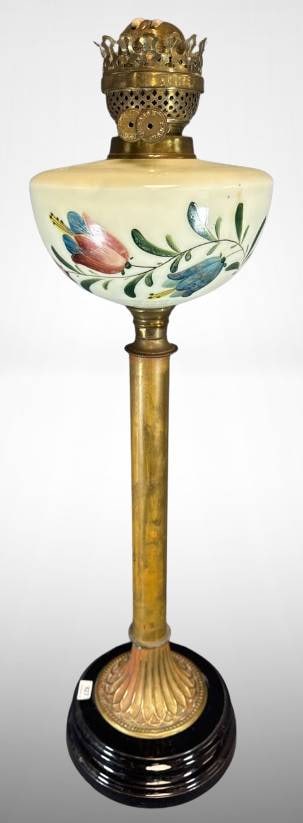 Hand-Painted Oil Lamp with Ceramic Base: Decorative oil lamp featuring a hand-painted floral design on the glass reservoir. The lamp includes a ceramic base, a brass column, and a brass burner mechanism. The ceramic base supports a fluted br