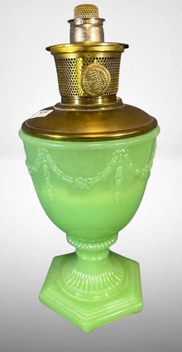 Aladdin Model 177/Florentine Vase Lamp: Aladdin Model 177/Florentine vase kerosene mantle lamp in green moonstone, with a brass burner assembly. The lamp is in two parts"?burner and base. Includes visible wear, notably on the interior of th
