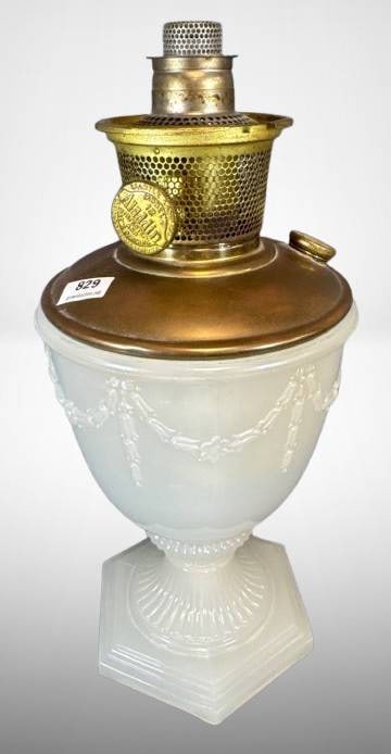 Aladdin Model 177/Florentine Vase Kerosene Mantle Lamp ?: Aladdin Model 177/Florentine kerosene vase lamp in white moonstone, featuring a brass burner assembly. The lamp is in two parts-burner and base. Lamp appears to be intact. Measures approximately 8.5" 