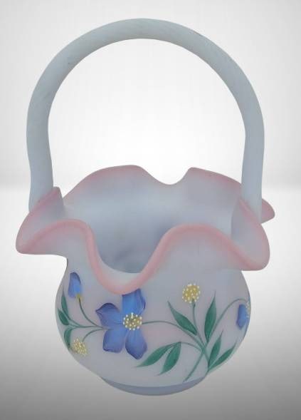 Fenton Art Glass Handpainted Basket: Fenton art glass hand-painted basket with a ruffled edge and floral design. Features a pink-to-white gradient with blue flowers and green leaves. Marked #2532/2750 and signed by the artist. Includes o