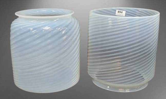Clear Glass White Opalescent Shades: Clear glass white opalescent shades featuring a swirl design. One shade has a visible chip on the collar. Refer to photos for details. Dimensions provided in last photo with scale. Ideal for lamp rest