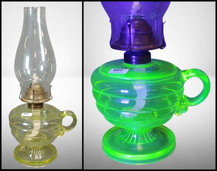 EAPG Bellaire Goblet Co. Vaseline Kerosene Lamp: EAPG vaseline glass kerosene lamp by Bellaire Goblet Co., featuring a vibrant green glow under UV light. Lamp has a brass burner with a 'Pat. Nov. 26, 72' inscription and includes glass chimney. The b