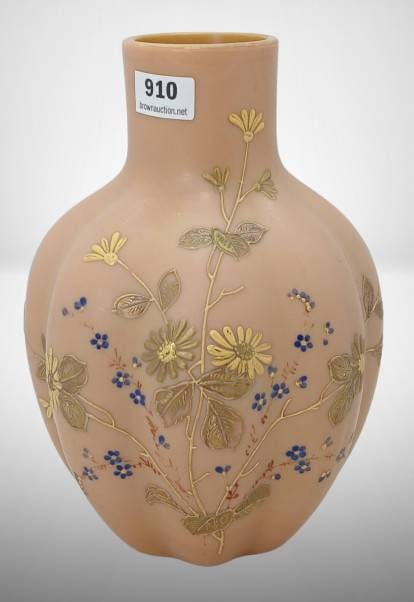 Thomas Webb and Sons Floral Vase: Thomas Webb and Sons 7" butterscotch melon-shaped vase featuring enamelled floral patterns including gold detailing and blue flowers. The piece has a satin finish with intricate craftsmanship. The bas