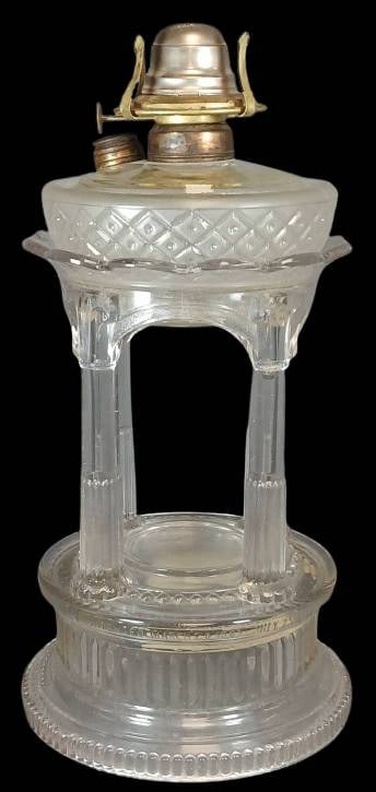 Adams Temple/Applesauce Lamp, 1882 Patent: Adams Temple/Applesauce kerosene stand lamp, colorless and frosted with a ? diamond-patterned drop-in font together by association. Markings include March 20, 1883/July 25, 1882 patent. Features a bra