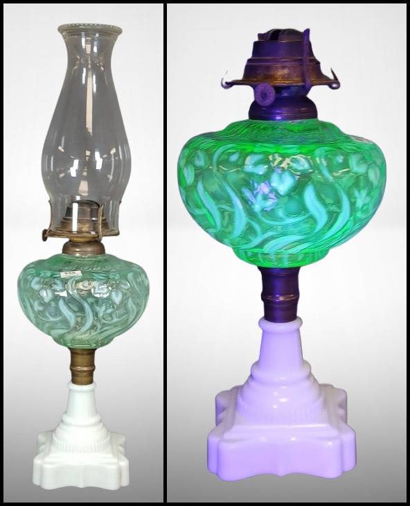 Oil Lamp with Uranium Glass Font and Milk Glass Base: Vintage oil lamp featuring an intricate uranium glass font that glows under UV light and a solid milk glass base with stepped detailing. Includes brass burner mechanism and glass chimney. Measures 10"