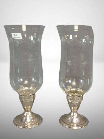 Duchin Sterling Silver Candleholders: Weighted sterling silver 9"h candleholders by Duchin Creation with etched glass hurricane shades featuring a grapevine motif. Bases are marked "Sterling Weighted." Total weight, including glass shades