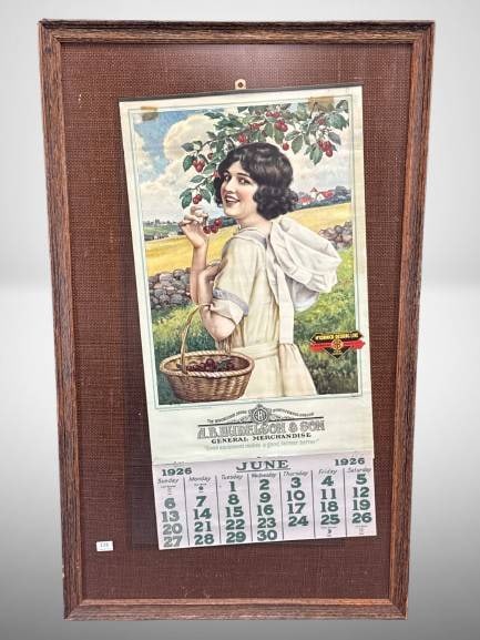 1926 McCormick-Deering Advertising Calendar: 1926 calendar featuring artwork depicting a woman with cherries. Includes advertising for McCormick-Deering Line and A.B. Hudelson & Son General Merchandise, North Powder, Oregon "? "The Winchester St