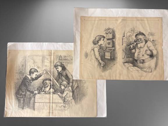 1884-1885 Illustrated Prints by Thomas Nast: (3) Illustrated prints by Thomas Nast, dated December 20, 1884, from Harper"s Weekly. Includes iconic works such as "A Christmas Box" and other humorous scenes. The prints are on paper and include his