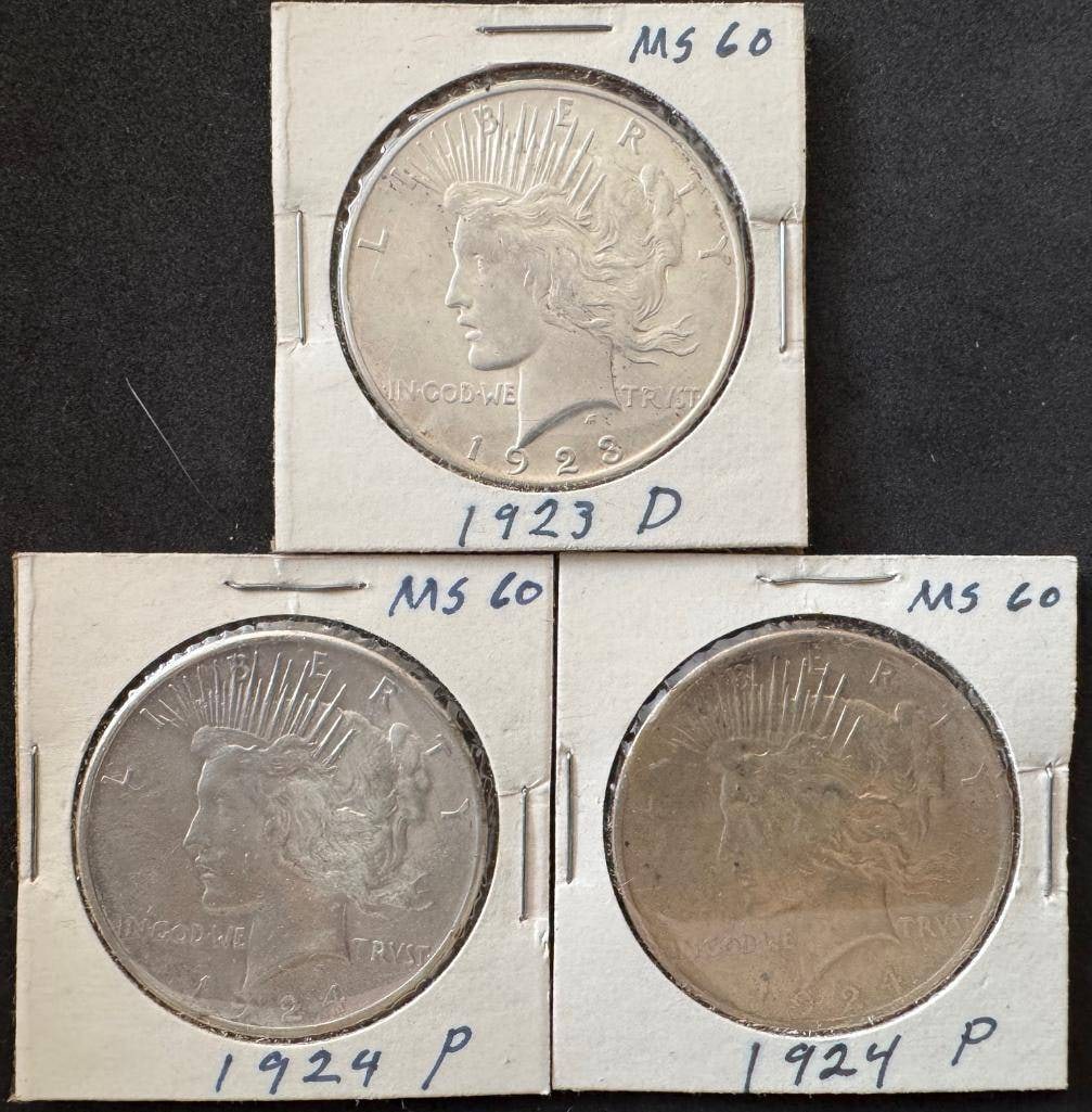 (3) MS60 Peace Silver Dollars (1923 D, 1924 P) (1 of 7)