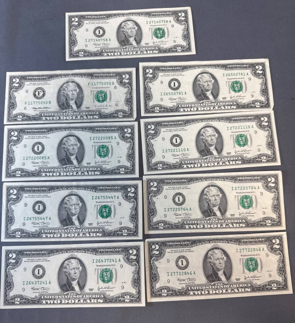 Nine Series 1976 $2 Federal Reserve Notes (1 of 7)