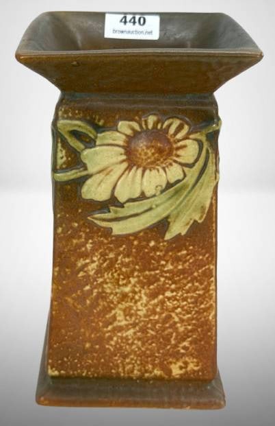 Roseville Dahlrose 6" Square Vase: Roseville Dahlrose 6" square vase featuring floral details. Free of chips, cracks, or repairs. In-house shipping available.