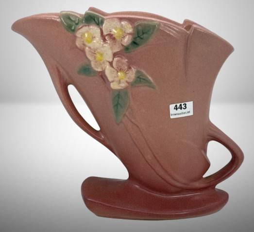 Roseville Mock Orange 972-7" Vase, Pink: Roseville Pottery Mock Orange 972-7" vase in pink. Features a floral motif with soft green accents. Small nick on top rim. In-house shipping available.