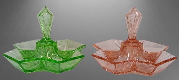(2) Indiana Glass Pyramid Relish Dishes: (2) Indiana Glass Art Deco "Pyramid" 4-part relish dishes in green vaseline and pink. (a chip is present on the top edge of the pink dish). In-house shipping available.