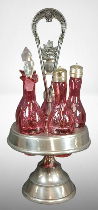 Quadruple Plate Condiment Set with Cranberry Glass (1 of 15)