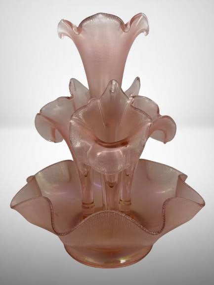 Fenton Velva Rose Stretch Epergne: Fenton Velva Rose Stretch 4-horn epergne made for their 75th Anniversary. Measures 14" tall and bowl meas. 12"d. Small chip on outer rim of bowl, see photo. In-house shipping available.