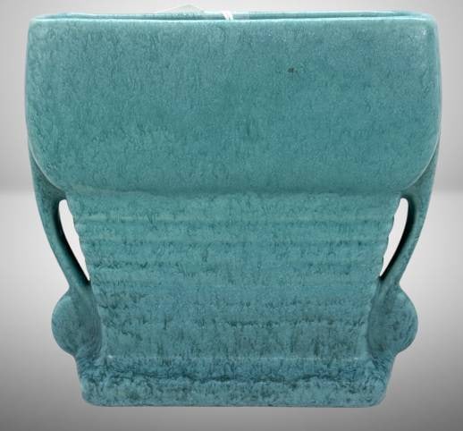 Roseville Tourmaline A-65-6" Window Box: Roseville Tourmaline A-65-6" window box in a blue matte finish. Features an elegant design with side cutouts. Paper label. Made of high-quality pottery with no chips, cracks or repairs. In-house shipp