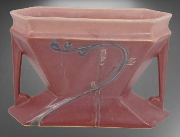 Roseville Futura 85-4" Vase, Pink: Roseville Futura Art Deco vase in pink, model 85-4. Features angular Art Deco styling with floral detailing. Measures 4 inches tall. In good condition with minimal wear consistent with age. In-house s