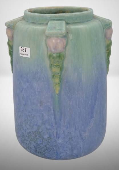 Roseville Topeo 659-8" Vase, Blue: Roseville Topeo 659-8" vase in a blue glaze with floral and textured details. Excellent condition with no chips, cracks, or repairs. In-house shipping available.