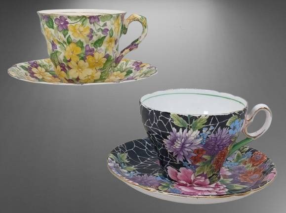 (2) English Floral Tea cup and Saucer Sets: (2) English tea cup and saucer sets: Includes a James Kent 'Primula' floral chintz? and a rare Shelley 'Black Crackle' floral fine bone china set. Both made in England, in excellent condition with no
