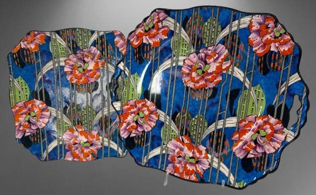 2 Royal Winton Grimwades Floral Plates: Two Royal Winton Grimwades plates in the Carnation pattern featuring vibrant floral designs. No chips, cracks, or repairs. Plates feature distinctive scalloped edges and maker's marks on the underside