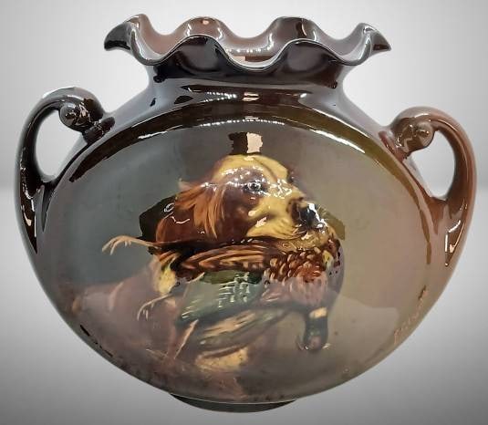 Roseville Rozane 882-9" Pillow Vase, Dog with Pheasant Scene (1 of 9)