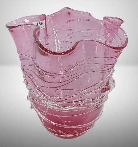 Cranberry Art Glass Vase with Applied Swirls (1 of 9)
