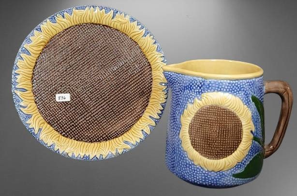 Metropolitan Museum Art Majolica Set: This set includes a sunflower-themed Majolica-style 10.25"d plate and 7"h pitcher? created for the Metropolitan Museum of Art in 1992. Both pieces, marked "MMA" and "Made in Philippines," showcase vib