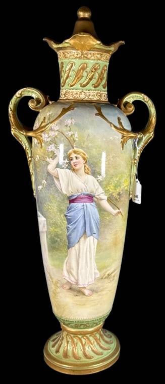 Royal Bonn 26" Tall Portrait Vase: This 26-inch tall Royal Bonn portrait lidded vase features an elegant hand-painted figural design of barefoot woman in garden with no chips, cracks, or repairs. Stamped with the Royal Bonn mark, this