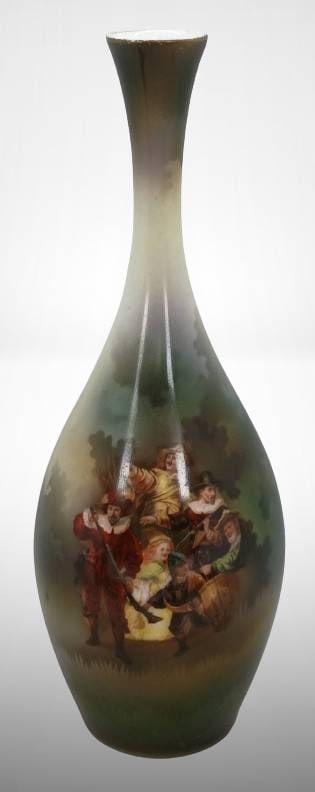 RS Suhl Night Watchmen Vase: This RS Suhl Night Watchmen bulbous 9"h vase displays a fine painted scene with no chips, cracks, or repairs. Its maker's mark is clearly visible on the base, enhancing its collectibility and provenan