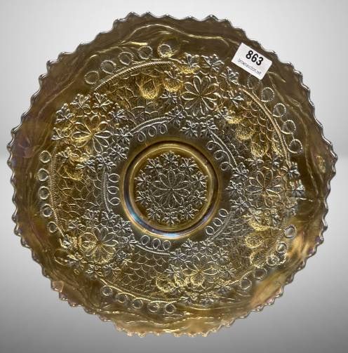 Fenton Carnival Glass Leaf Chain Plate: Offered here is a Fenton Carnival Glass 9.25"d plate featuring the Leaf Chain pattern with Bearded Berry back. This striking piece is clambroth and showcases iridescent highlights. It is free of chips