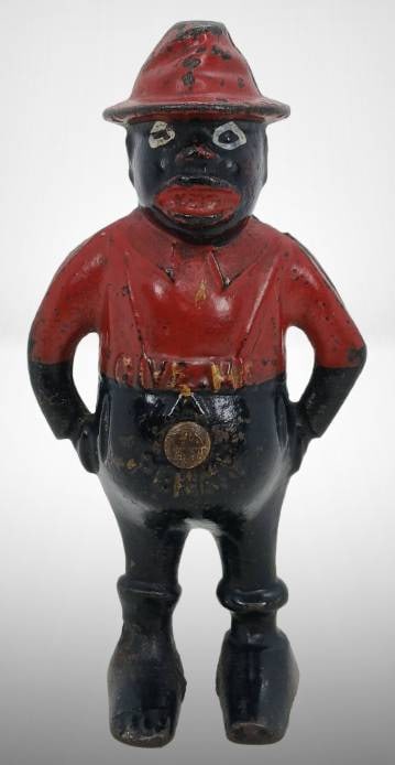 Hubley Cast Iron'Give Me a Penny' Still Bank: Hubley Cast Iron "Give Me a Penny" still bank featuring original red and black painted details. Black memorabilia piece. Moderate wear is visible on the surface. Measures approximately 5.75" tall. In-