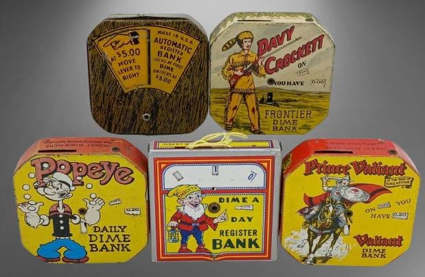 5 Dime Banks Featuring Iconic Characters: Five vintage dime banks, each adorned with vibrant imagery of beloved characters such as Popeye, Davy Crockett, and Prince Valiant. These mechanical banks showcase unique saving mechanisms from mid-20