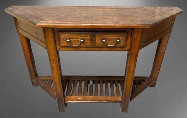 Modern Lane Console Table: This Modern Lane furniture piece measures 54" wide, 18" deep, and 32" tall. Crafted with a sturdy frame, it features two drawers with metallic handles and a slatted lower shelf for added storage. BROW