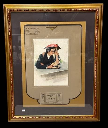 1910 A.W. Kenison Co. Calendar Artwork: Framed 1910 calendar for A.W. Kenison Co., Auburn, Calif. Features the illustration “Looking Ahead" by Clarence F. Underwood. Professionally matted under glass. Measures 25 1/2" x 31 1/2" overall. I