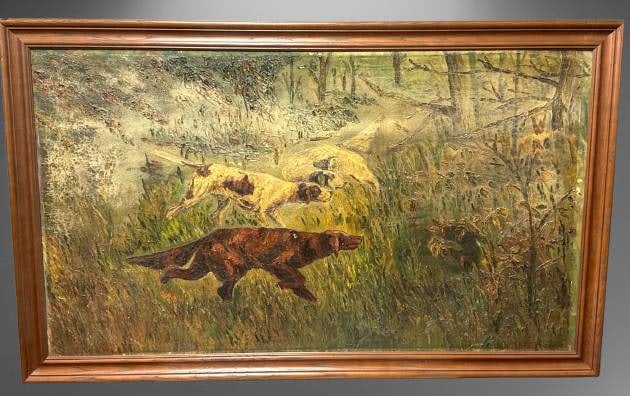 Framed Oil Painting of Hunting Dogs in Brush: This framed oil painting measures 52.5" x 32" and depicts hunting dogs in a thick, earthy landscape. The textured brushstrokes highlight their dynamic movements through the brush. Its detailed natural