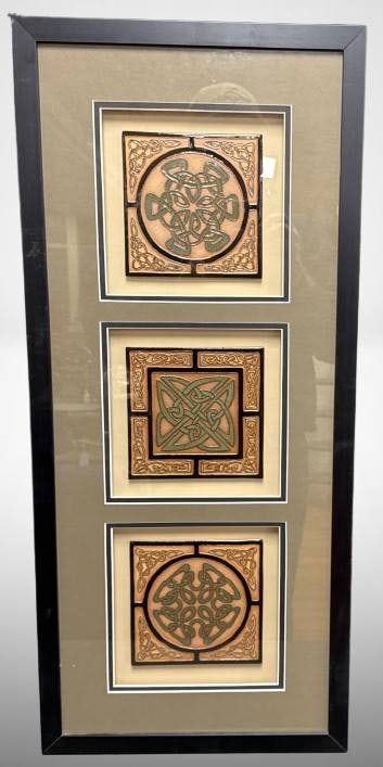 Framed Art With Decorative Tiles: This piece measures 30" x 13" and features three decorative ceramic tiles, each 5.5" x 5.5". The framed art showcases intricate designs and is ready to hang. In-house shipping available.